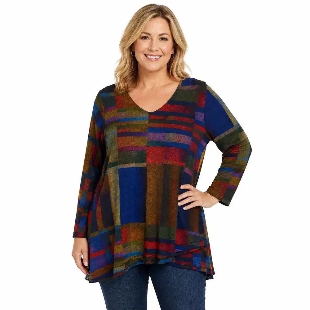 Parsley And Sage Tunic Blouse Womens Large Geometric V Neck Long Sleeve Top